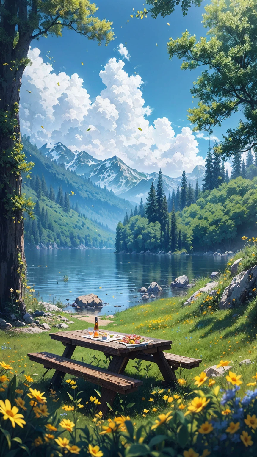 there is a picnic table in the middle of a field with flowers, anime nature, anime nature wallpap, anime landscape wallpaper, beautiful anime scenery, anime beautiful peace scene, relaxing concept art, scenery artwork, scenery wallpaper, detailed painting 4 k, anime scenery, detailed scenery —width 672, nature wallpaper, beautiful art uhd 4 k