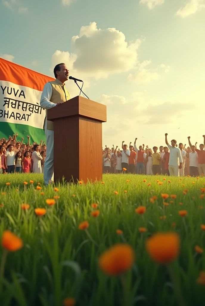 In a big field in India, a leader is giving a speech in mic Display it in bold letters on a banner behind the person giving the speech YUVA KARTAVYA BHARAT