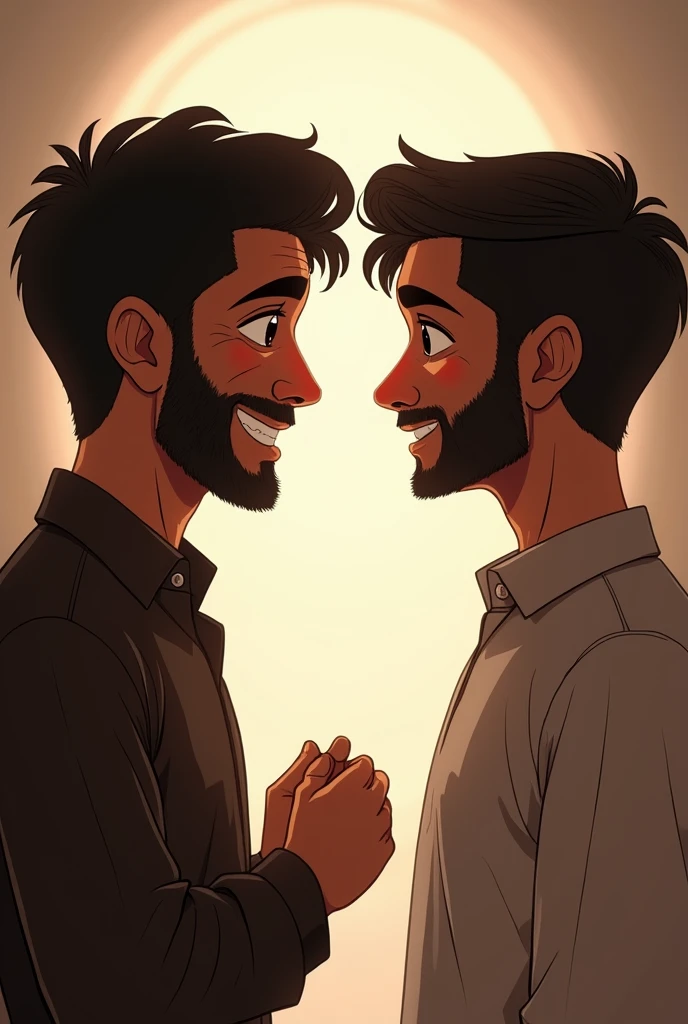 Prompt: Ali, with a sincere and apologetic expression, looks at Hassan and makes a promise, shown by his determined and honest demeanor. Hassan smiles in response, accepting Ali's promise.