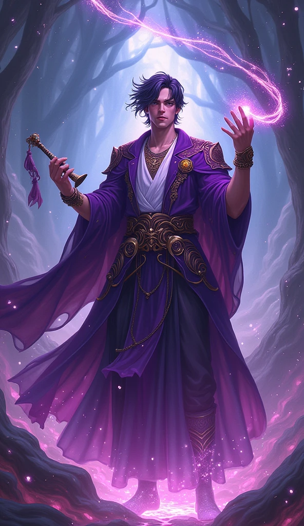bard and his instrument, helping his team, anime style character, with dark energy that merged with purple creating a new color, full body from head to toe, man