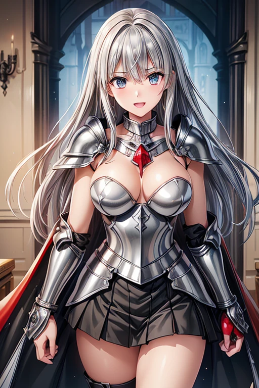 #Basics Girl posing for a photo, animeのcute少女, ((One Girl)), (((:1.7)) + ((cute:1.5)) + (())),
break
#Clothing Accessories
(((Silver and Black)Full Plate Armor:1.2) : ((Red gems embedded in(Silver and Black)breastplate:1.5)) + (Black Gauntlet:1.5) + (Red cape with shoulder pads:1.6) + (Silver and Black)Combat Boots),
((Gold Hoop Earrings)),
break
#Features
((Black Hair)), ((Long Hair) : Long Hair + Voluminous Hair + Curly Hair + (Tousled hair)),
((Droopy eyes:1.4), (Big eyes:1.4)), (blue eyes),
(Small breasts),
#(Tanned dark skin:1.4),
break
#background environment
((noon, (Inside a fantasy castle), (blue sky))),
#Facial Expression Pose
((smile + (Open your mouth))), ((Walking)),
#composition
((Angle from the front:1.2, Cowboy Shot)),
break
#Body parts elements
(Slim figure),
(Symmetrical facial features),
(Detailed Hair, Beautiful Hair, Shiny Hair),
(double eyelid, Long eyelashes, Thin eyebrows:0.5),
(Expression of fine eyes, Beautiful and delicate eyes, Sparkling eyes, Eye Reflexes, Glitter Eyeliner),
(Human Ear),
(Beautiful Nose, Thin Nose),
(Glossy Lips, Beautiful Lips, Thick lips),
(Detailed skin, Textured skin, Beautiful Skin, Oily skin),
break
#quality
(((最高quality)), ((masterpiece:1.3)), ((Very detailed))), ((Ultra-high resolution)), ((16K)), ((1080P)), ((Full HD)),
((Anatomically correct)), ((Realistic)), (3DCG), ((oil)),
((comics, anime)), (CG illustration), (RAW Photos),