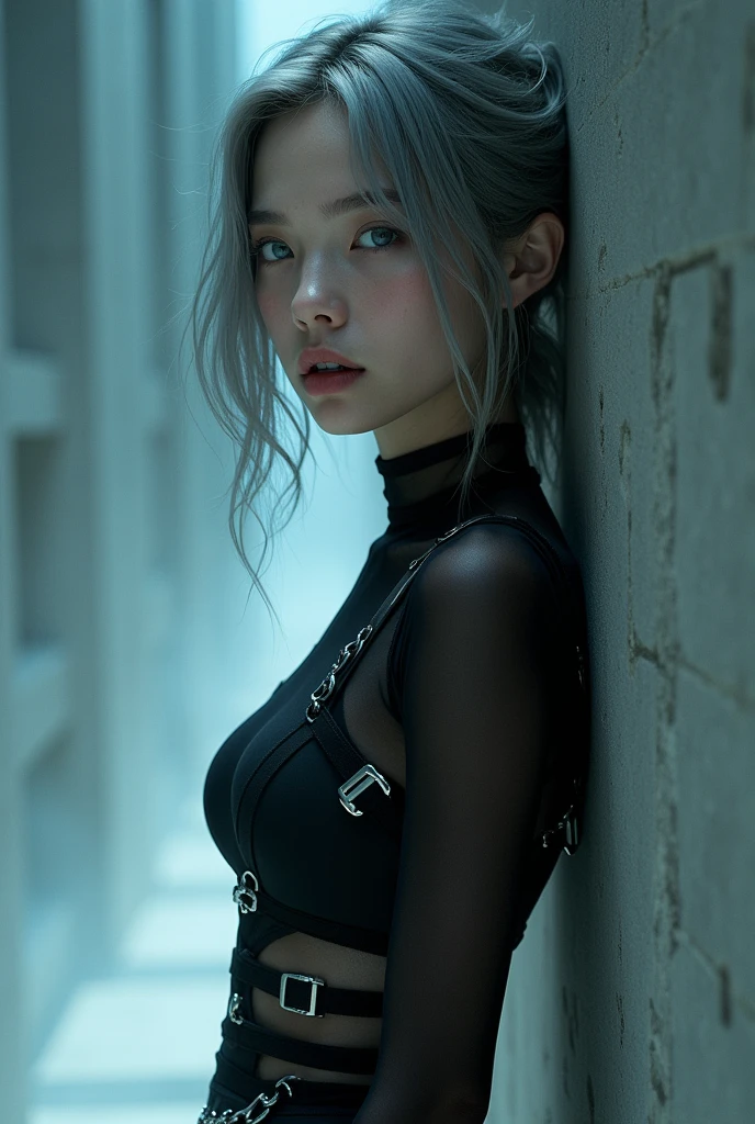 (nsfw:1.2), masterpiece, Best Quality, Realistic, A mysterious and sophisticated young woman with blue eyes wears futuristic and sexy fashion art. 18-years-old, sexy Japanese girl is climbing at a wide angle, with her full body in frame. Her outfit includes see-through BLACK casual gear with multiple elastic silver harnesses designed underneath, adding a minimalist beauty. She accessorizes with futuristic accessories and wears technical sneakers. Her demeanor exudes harmony and striking simplicity, The wear hugs her body tightly, accentuating her curves and digging sensuously into her skin, hyper small head and face, wide Duck mouth, half open mouth, perfectly aligned teeth, perfect beautiful teeth, light blue eyes, half open eyes, shiny Droopy eyes, gray hair, looking other, She is situated within the interior of a futuristic night colony, with mist drifting and steam rising from concrete