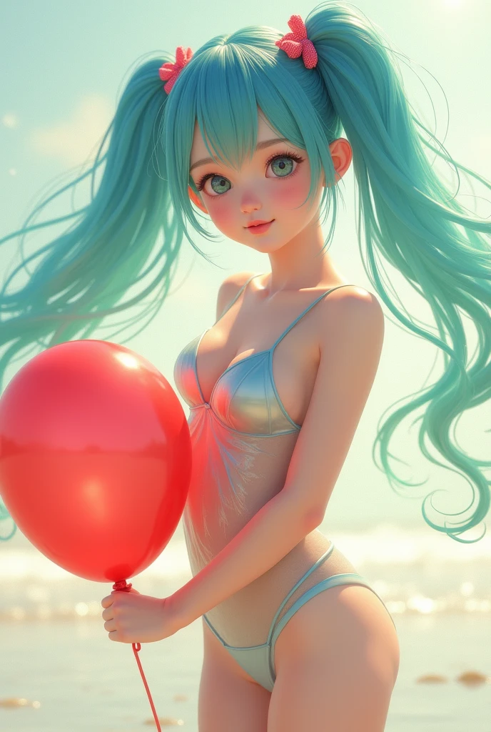 A girl in a transparent swimsuit with twin ponytails, the left hair is blue and the right hair is green, holding a red balloon