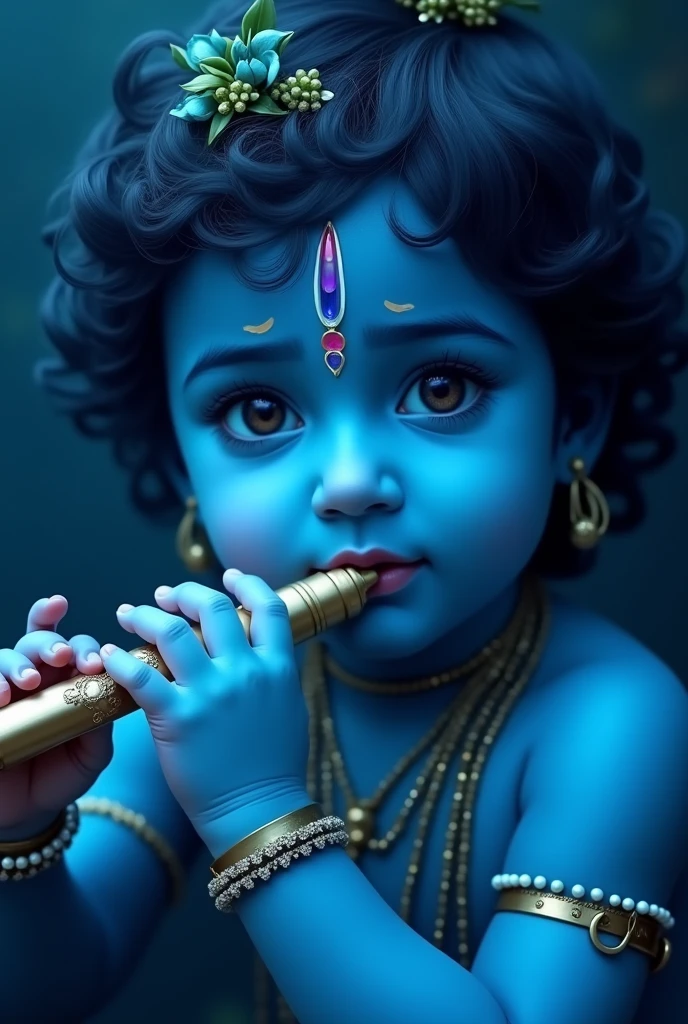 Baby Krishna, flute in hand,only face, blue colour