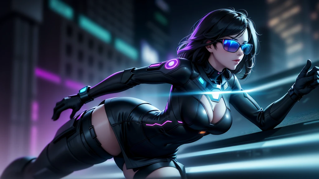 Tablet displaying an intricate city layout, set against a pitch-black backdrop, IT and modernity elements scattered throughout, cyber aesthetic, network motifs interwoven, futuristic vibe, amidst a tableau of technological advancement, LED-style glowing edges on tech icons, holographic interface elements, neon circuitry patterns, data streams flowing, binary code cascade, high-tech skyscrapers rising in the layout, reflect. At night, (1girl, solo, alone), photorealistic, medium-breast slim:0.6 body, oval:0.5 face, cleavage:1.1, sexy black laced bra, miniskirt, white laced panty, coat, (black micro sunglasses), (aiming with a short gun), (slightly leaning forward running pose), ((half-body thigh level medium shot)), cinematic lighting, ray tracing, radial zoom blurred background.