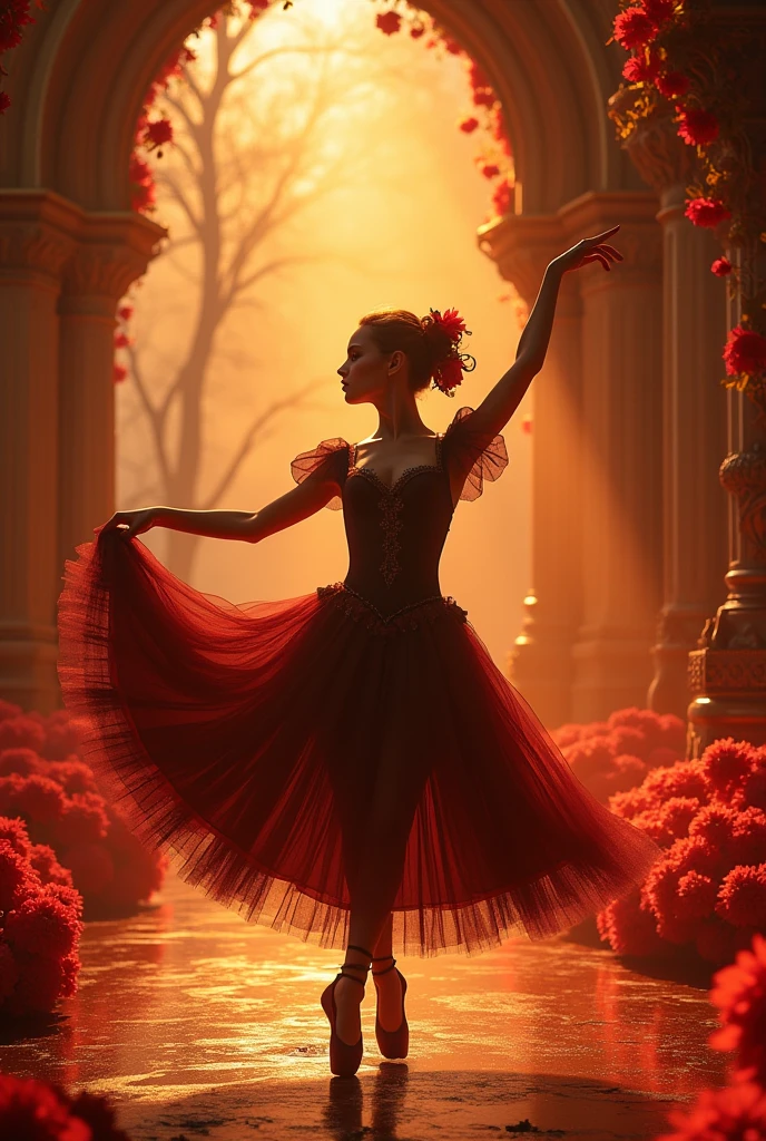 1 goth ballerina dancing in a castle surrounded by golden red flowers, detailed elegant dress, dramatic dance pose, magical lighting, castle interior, cinematic composition, rich textures, lush red and gold color palette, photorealistic, 8k, best quality, masterpiece