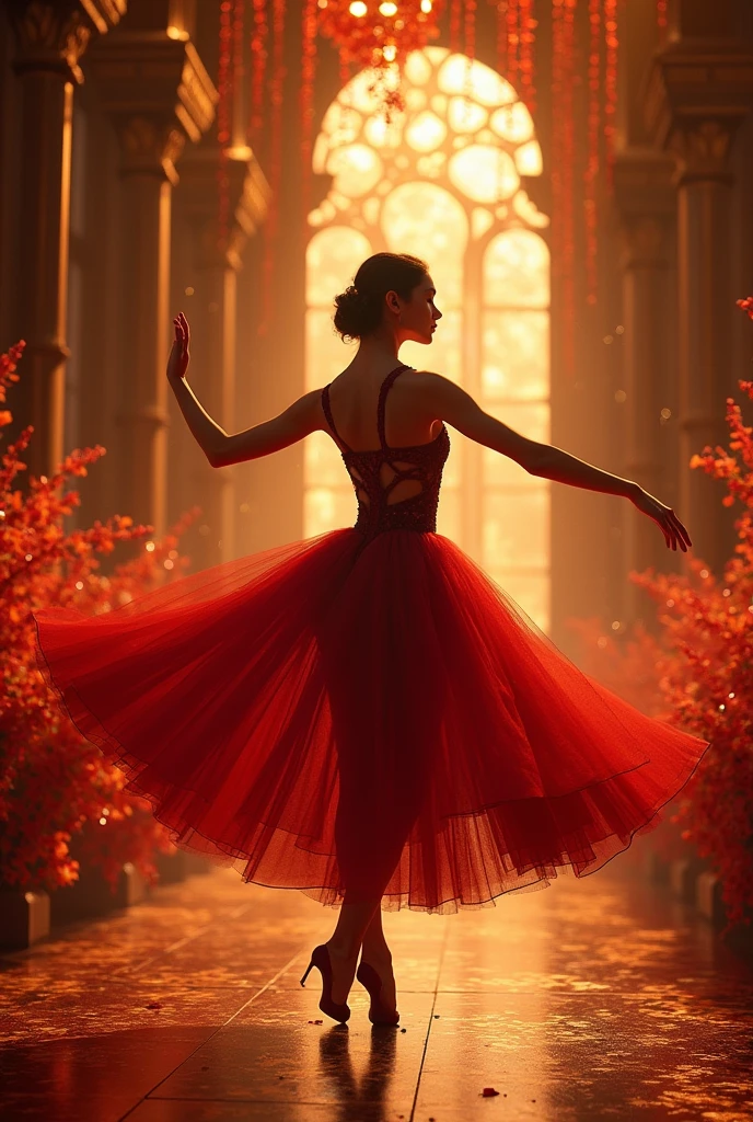 1 goth ballerina dancing in a castle surrounded by golden red flowers, detailed elegant dress, dramatic dance pose, magical lighting, castle interior, cinematic composition, rich textures, lush red and gold color palette, photorealistic, 8k, best quality, masterpiece