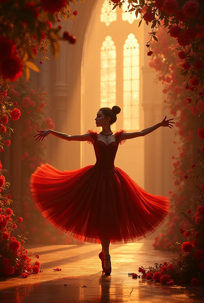 1 goth ballerina dancing in a castle surrounded by golden red flowers, detailed elegant dress, dramatic dance pose, magical lighting, castle interior, cinematic composition, rich textures, lush red and gold color palette, photorealistic, 8k, best quality, masterpiece