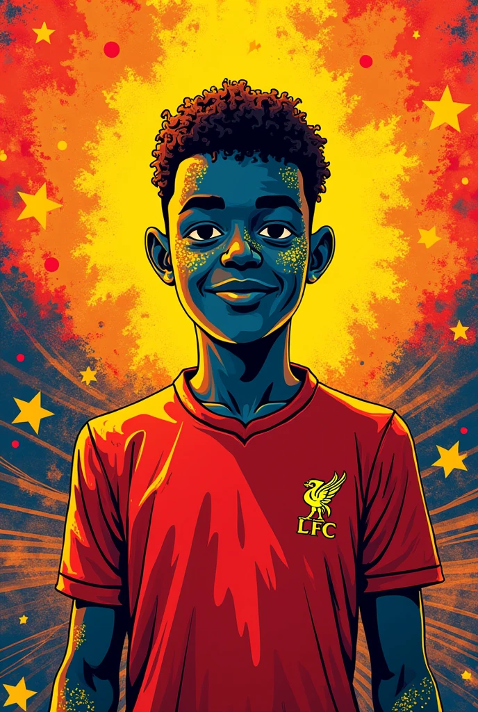 Cartoon image wearing a Liverpool shirt on a yellow background. Red with lots of lines, stars, and pixels. People should be in a pop art style with hard edges and distinct patterns and with an open copy space. The background should be colorful and dynamic, pop art with a silk screen aesthetic.