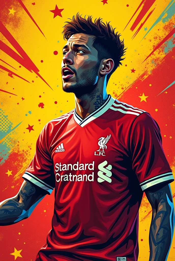 Cartoon image wearing a Liverpool shirt on a yellow background. Red with lots of lines, stars, and pixels. People should be in a pop art style with hard edges and distinct patterns and with an open copy space. The background should be colorful and dynamic, pop art with a silk screen aesthetic.