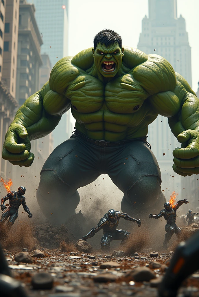 Hulk crushing robots sent by Ultron in a destroyed city.