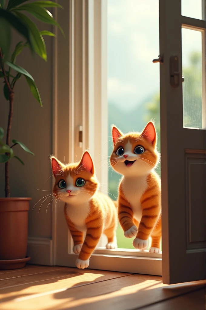 Cat Returning Through the Window:
Prompt: "Bella and Max re-entering the house through the open window. Bella is back inside, looking pleased, and Max follows close behind."