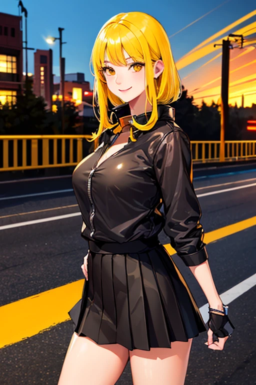 high quality, subsurface scattering, chromatic lighting,
colorized, yellow + black limited color palette, 
detailed concept drawing,
along a highway, skirt, posing
portrait, 20yo 1girl, medium soft breasts, slender, yellow hair, yellow eyes, smiling