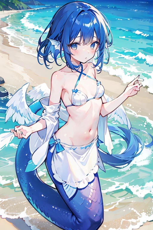 mermaid、White clothes、Small breasts、White Wings、Blue Scales、Sandy Beach