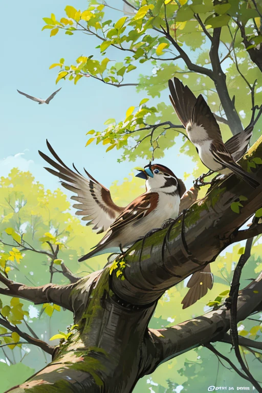 

in a distant forest, there lived a cheerful sparrow named Pip. He flew through the trees, singing and enjoying the freedom of heaven. Pip had many friends, but his greatest companion was a sturdy old oak tree, where he made his nest every year.
