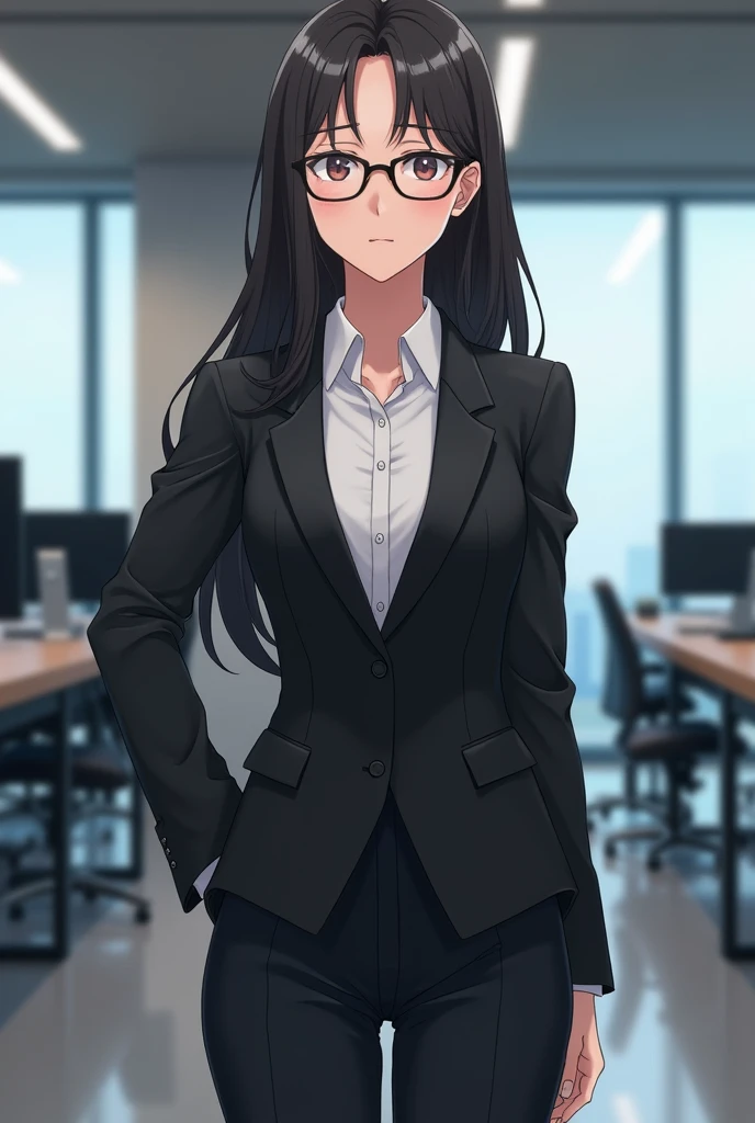 Black suit, glasses, Japanese, 20s, anime-like, older sister look, company background, a little far away