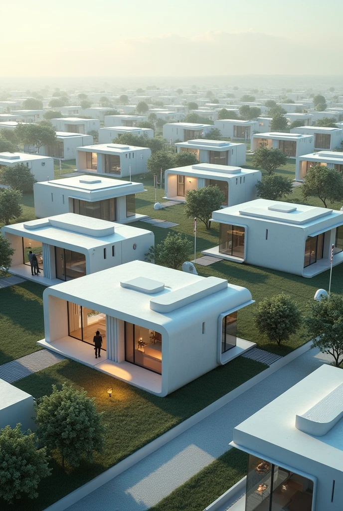 A technologically advanced world in which people live happily, everyone has their own house and all houses look the same