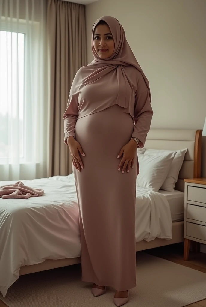 aunty arab hijab chubby body naked big round breasts white skin beautiful very charming wearing high heels in the room near the bed