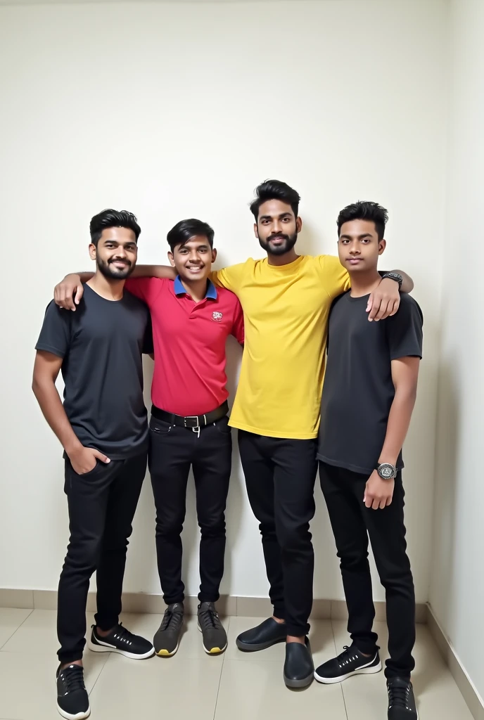 A) check all details carefully.
Male a whatsapp dp for my friends group
In DP you need to mention name of friends on top of his head
In display picture there are 4 friends 
1.Anupam
2.Aman
3. Adarah (a 7 ft boy ,fat body)
4. Atulya (minimal dark colour like average indian boy, no mustache with minimal beard)
All are indians.
Stand in with wearing same lower (black) and same t shirt of different colours and wear necessary things like watches,etc.
In white backgroung like a room 
*4 friends in group standing
*School friends with no beard 