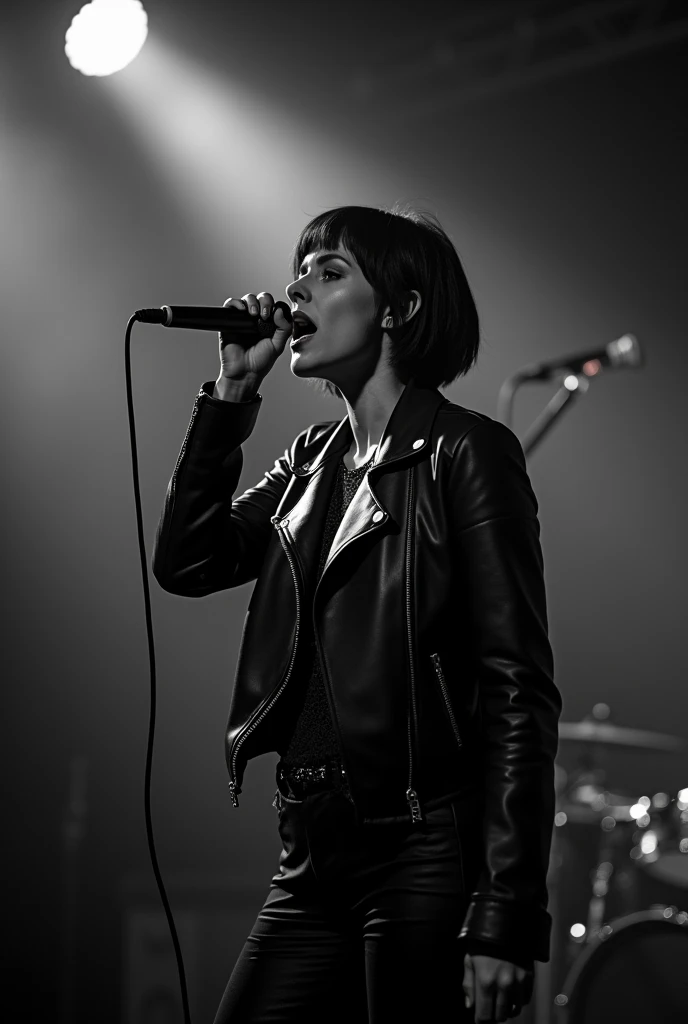 Caucasian woman with short bob hair、A woman around 20 years old、vocalist、Punk Band、Leather jacket、live house、Black and white photography、