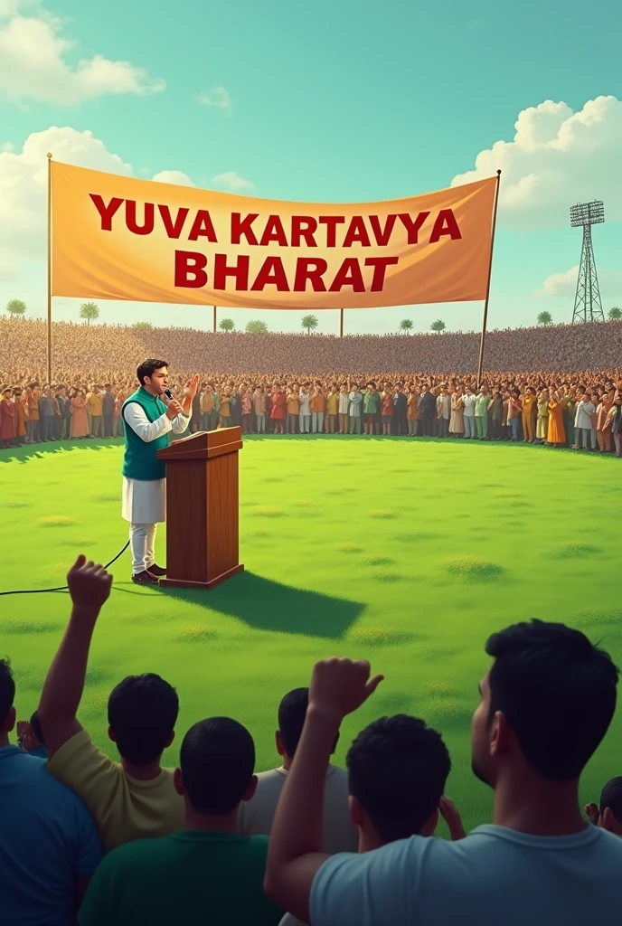 In a big field in India, a leader is giving a speech in mic Display it in bold letters on a banner behind the person giving the speech YUVA KARTAVYA BHARAT 