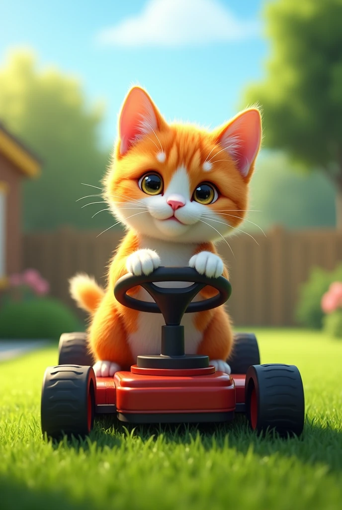 An orange and white cat on a lawn mower