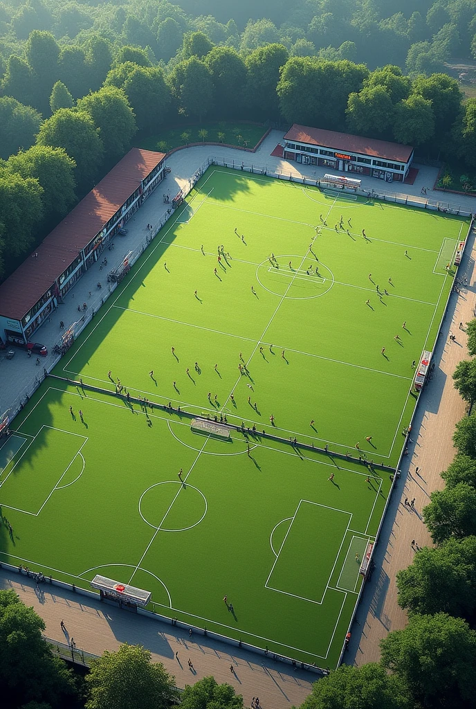 Three football fields are located close to each other and near a sportswear shop.