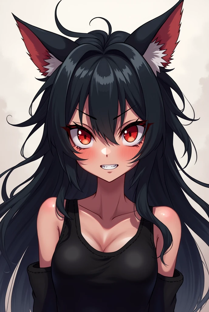 Child girl anime with spiky black long hair and eye red,her clothes is black with
She has a cat tooth and she's personality agressive