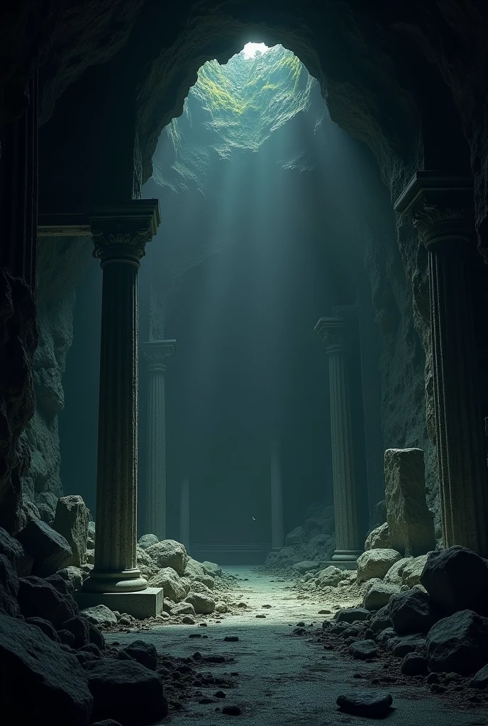 show me a scene inside a dark cave with some broken pillars