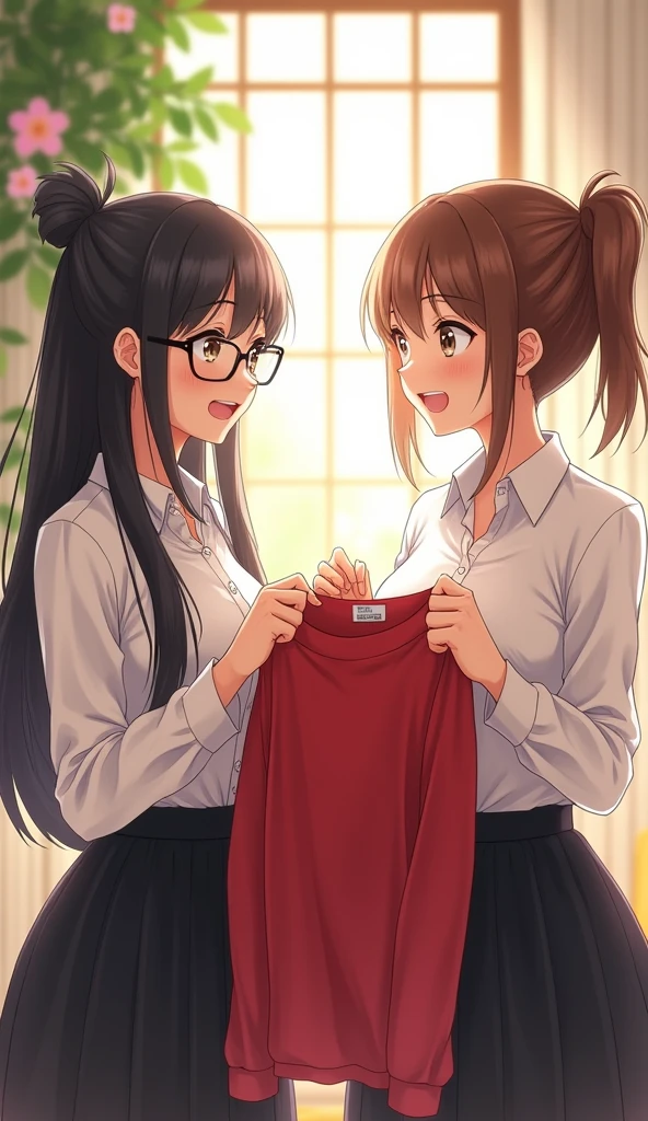 "Two girls are standing in a student dormitory. The room is brightly lit by light from the windows. The background is decorated with beautifully arranged leaves and flowers, adding to the bright and lovely atmosphere. The first girl has long, shiny black hair, neatly tied up with bangs, and wears round glasses, a white shirt, and a black skirt. The second girl has short, brown hair, no bangs, and no glasses. The two are talking and laughing happily, as they hold their dresses..A red long-sleeved shirt in hand represents excitement and happiness in preparation for the special day."