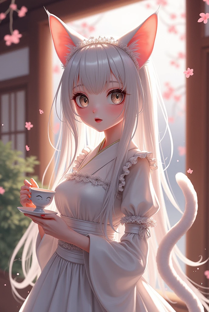 Extremely white cat girl in Japanese maid outfit anime