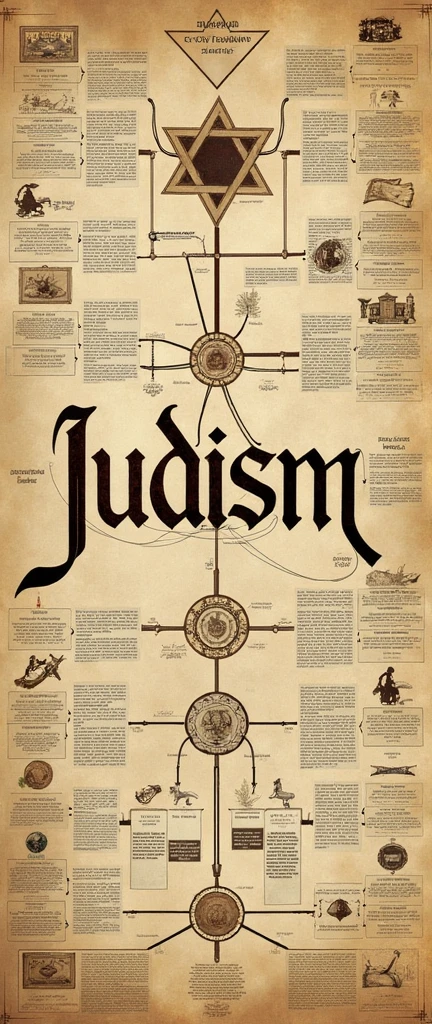 created a mind map image about Judaism with the symbols,and in the middle written Judaisms in letters from the region of Canaan and Judea, in addition to providing information about this religion, the image has to be horizontal, I need this image to be horizontal, is idimao in Portuguese