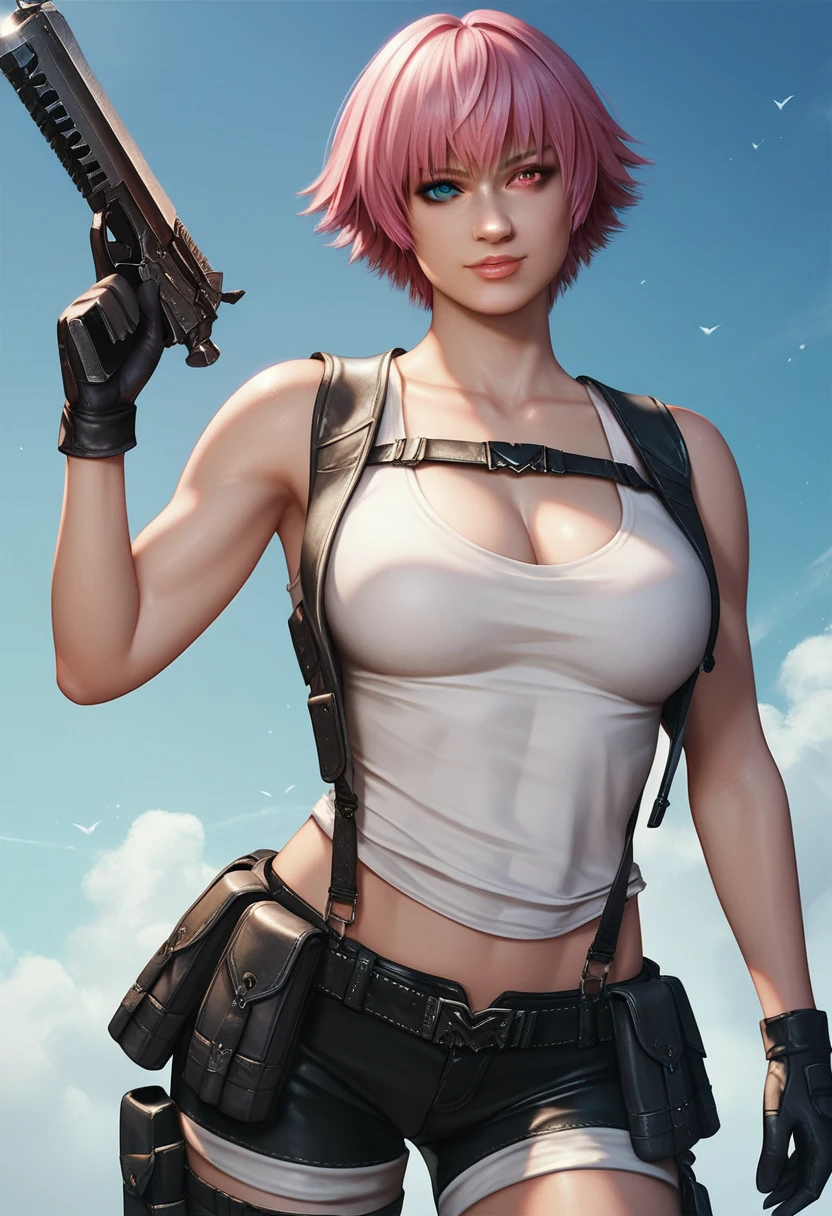 (masterpiece, best quality:1.2), lady, dmc, dmc4, slim body, white tank top, 1girl, solo, heterochromia, blue eyes, blue eyes, pink hair, short hair, striped, shorts, weapon, black gloves, big breasts,