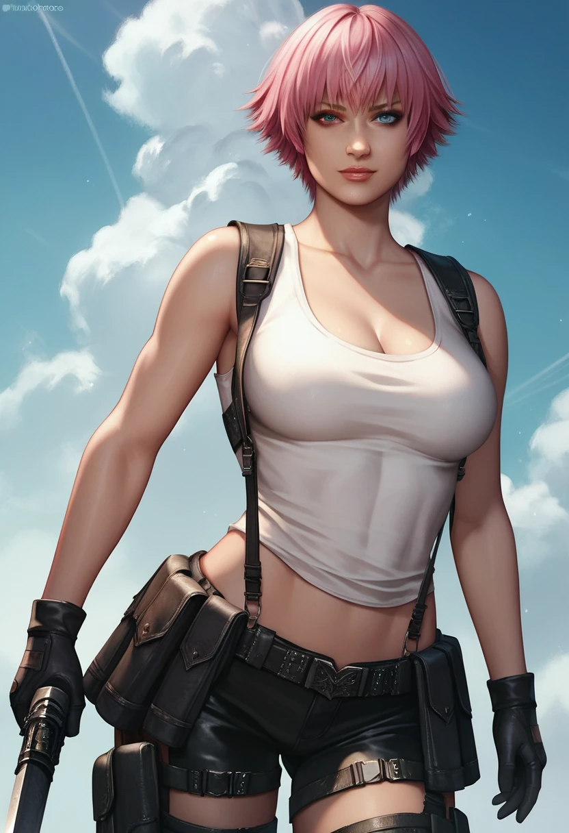 (masterpiece, best quality:1.2), lady, dmc, dmc4, slim body, white tank top, 1girl, solo, heterochromia, blue eyes, blue eyes, pink hair, short hair, striped, shorts, weapon, black gloves, big breasts,