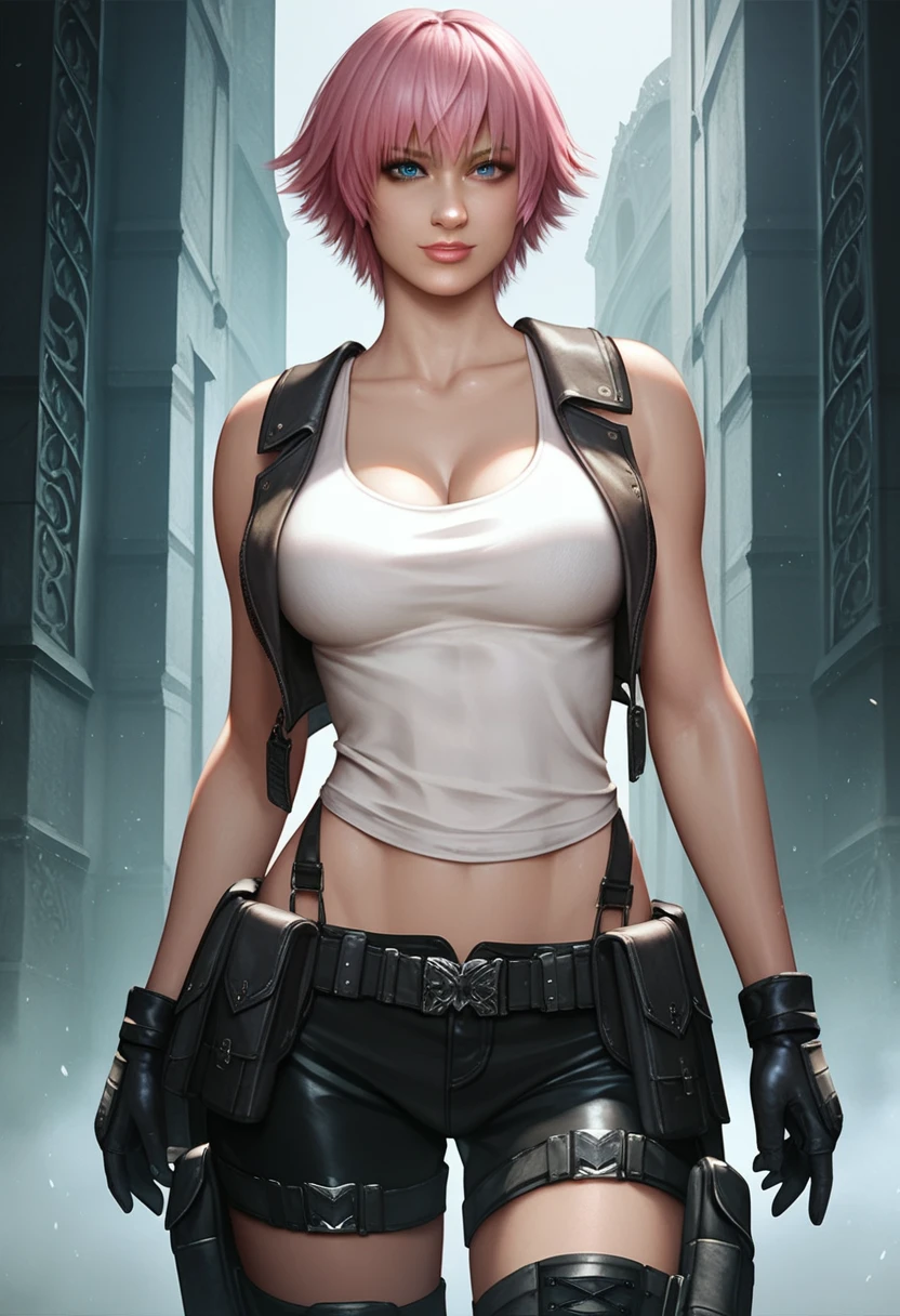 (masterpiece, best quality:1.2), lady, dmc, dmc4, slim body, white tank top, 1girl, solo, heterochromia, blue eyes, blue eyes, pink hair, short hair, striped, shorts, weapon, black gloves, big breasts,