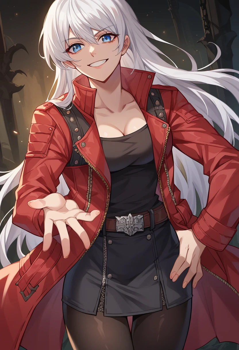 score_9, score_8_up, score_7_up, 1girl, solo, adult,female focus,dmc3dante, white hair, long hair, blue eyes, red jacket, black jacket, black shirt, black skirt, short skirt, black pantyhoses, open clothes, opened shirt, cleavage, standing, belt, smile, looking at you, hell, desolated place,