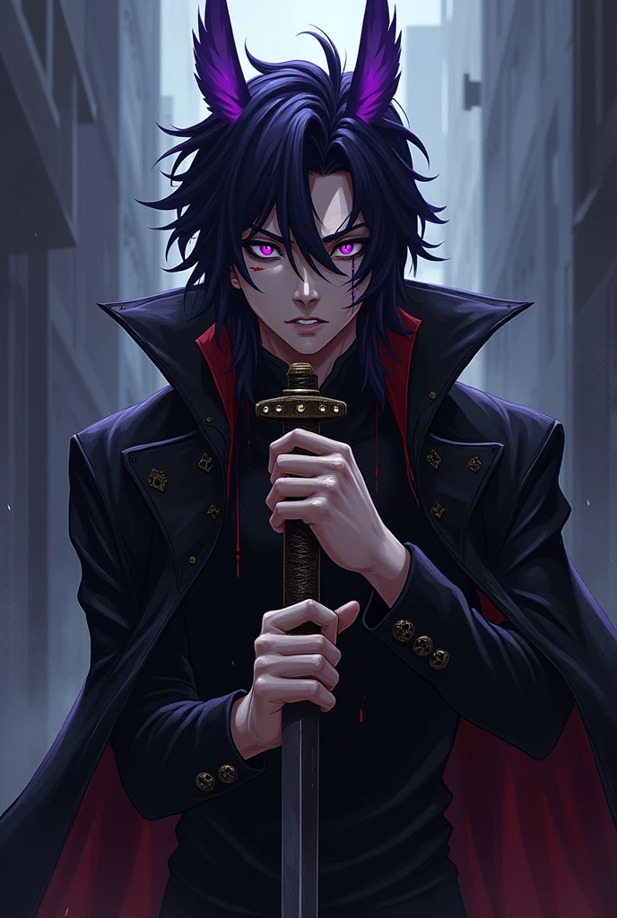 create anime character, a man with a dark look, wings in his purple hair, Purple eye, scar on eye, Scar on face, angry face, sword in hand, black raincoat, black and red clothing 
