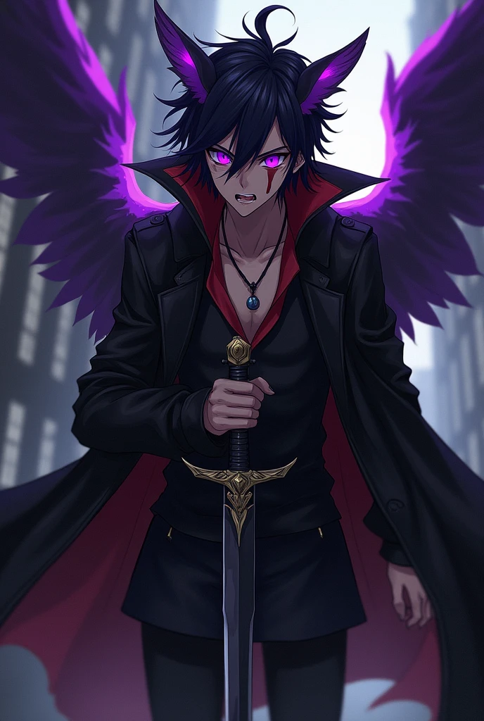 create anime character, a man with a dark look, wings in his purple hair, Purple eye, scar on eye, Scar on face, angry face, sword in hand, black raincoat, black and red clothing 
