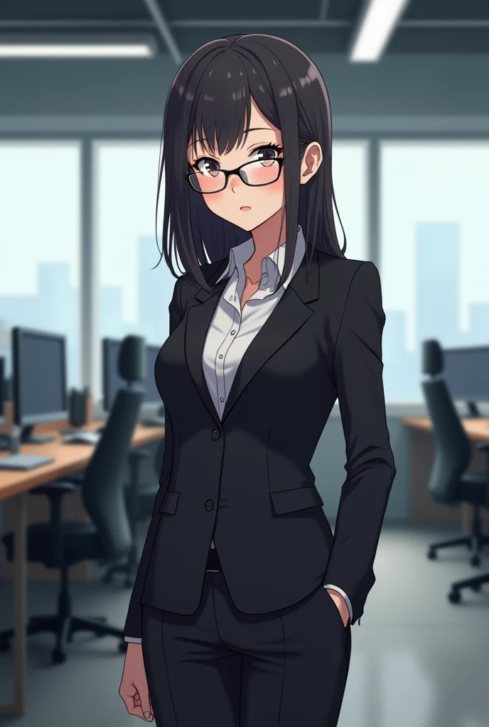 Black suit, glasses, Japanese, 20s, anime-like, older sister look, company background, a little far away