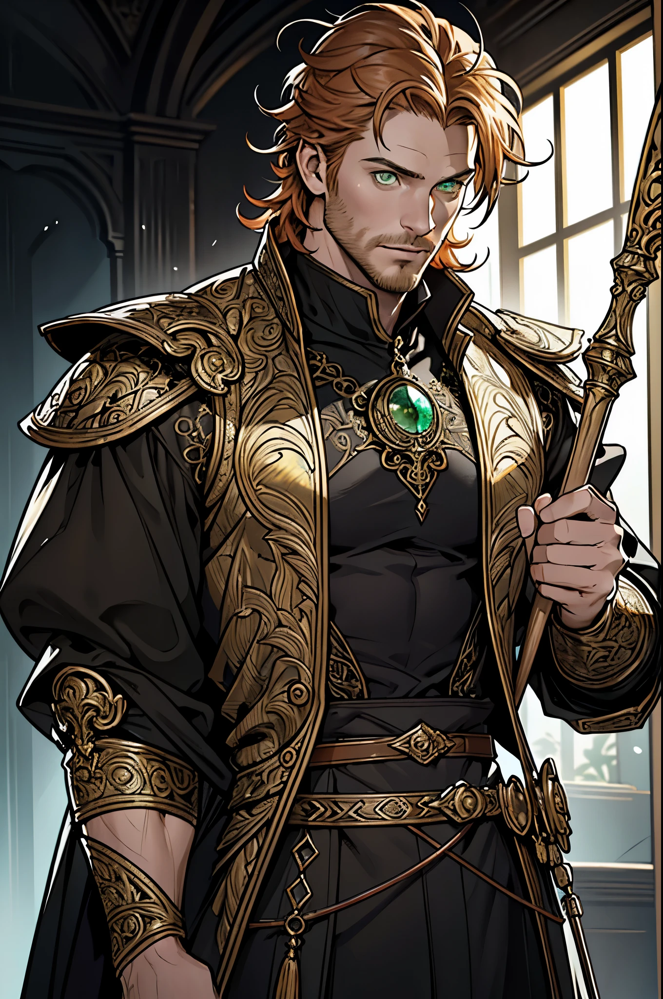 (masterpiece)，(Very detailed)，(Very detailed)，(best quality), perfect lighting, fantasy man, 40 years old, solo, staff ((short messy ginger hair)), muscle, correct proportions, facial details, tall, stunning, beautifull face, green eyes, fantasy clothing, animated style, perfect face, highest detail, stubble, detailed face, intricate details, concept caracter
