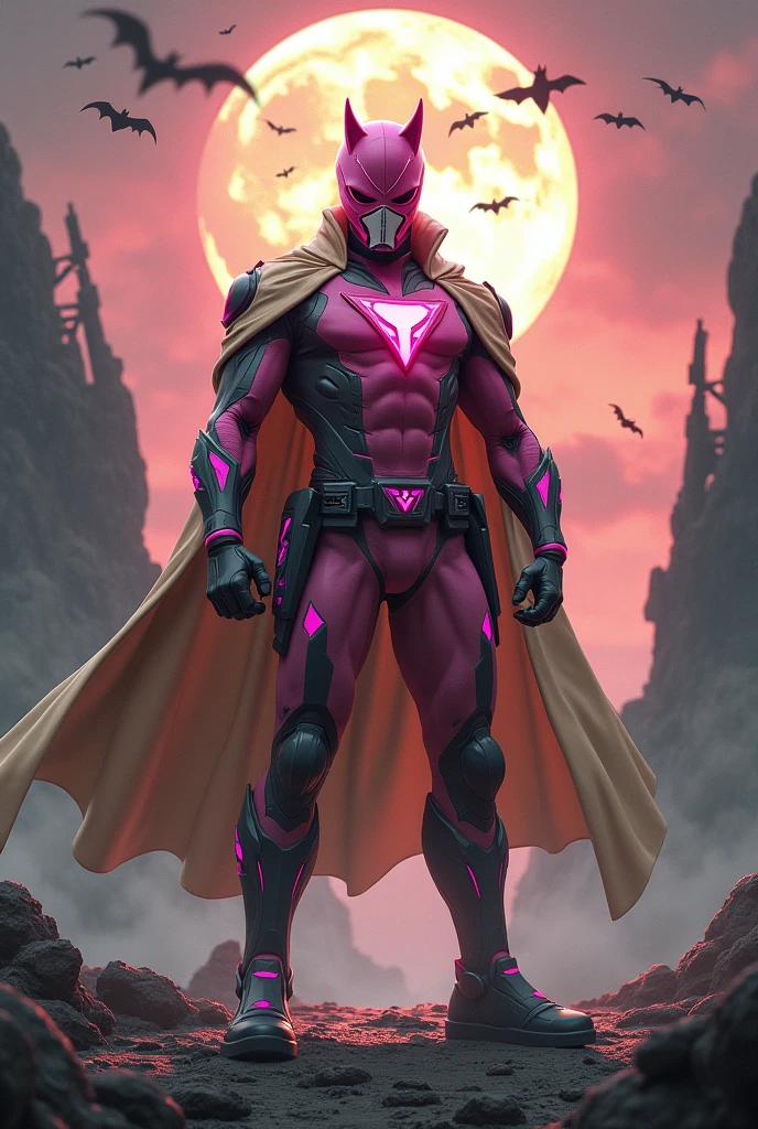 high-tech suit, vivid effects, malaysian superhero (KELUANG MAN) in a striking pink and beige costume cyberpunk design, mask small mini bat ear beige, daredevil biage mask, jumpsuit dark pink stands confidently in a dramatic, stormy landscape. ((Head covered node guard like batman , athletic body type, small mini ear bat mask))The character wears domino mask a helmet with pointed mini torn ears and a flowing cape biege, open nose and mouth. Equipped with visible futuristic weapons on a belt,bullet proof jacket pink dark day, dark night, big supermoon effect .logo on chest triangle shape small punisher logo center triangle cyber logo center on chest pink logo mini logo . rocky. Building top.smoke ground , bomb effect background, adding to --ar 3:4 --style raw --stylize 500 --v 6.1. chaos. Lot of small flying bat .