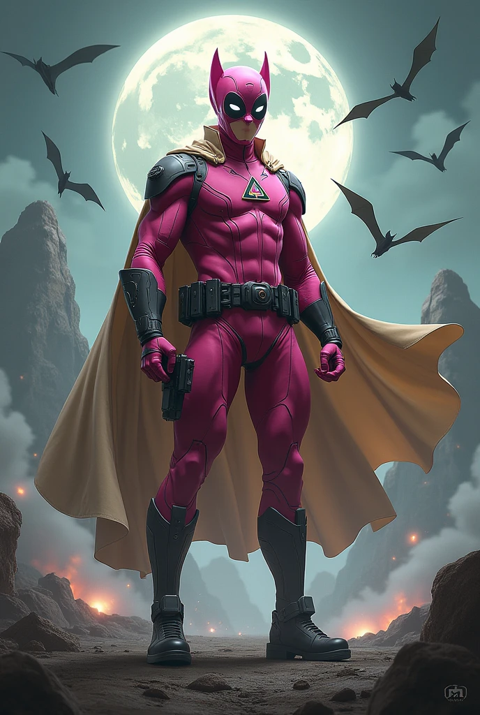 high-tech suit, vivid effects, malaysian superhero (KELUANG MAN) in a striking pink and beige costume cyberpunk design, mask small mini bat ear beige, daredevil biage mask, jumpsuit dark pink stands confidently in a dramatic, stormy landscape. ((Head covered node guard like batman , athletic body type, small mini ear bat mask))The character wears domino mask a helmet with pointed mini torn ears and a flowing cape biege, open nose and mouth. Equipped with visible futuristic weapons on a belt,bullet proof jacket pink dark day, dark night, big supermoon effect .logo on chest triangle shape small punisher logo center triangle cyber logo center on chest pink logo mini logo . rocky. Building top.smoke ground , bomb effect background, adding to --ar 3:4 --style raw --stylize 500 --v 6.1. chaos. Lot of small flying bat .