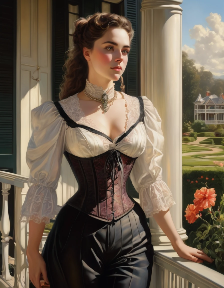 Beautiful  Victorian girl, a corset, trousers, lace-up boots, Beautiful jewelry, stands on the veranda of a Victorian estate, flowers, the lights of a sun, modernism, oil, canvas, Extrarealism, masterpiece