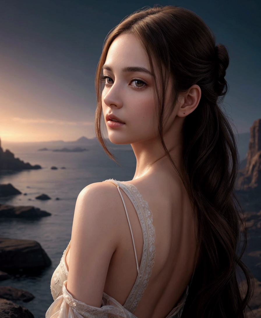 masterpiece, Best Quality, Illustration, Ultra-detailed, finely detail, hight resolution, 8K Wallpaper, Perfect dynamic composition, Beautiful detailed bright brown eyes , RAW format, realistic face, incredibly beautiful girl, silky, Smooth and shiny brown hair, extremely detailed eyes and face, Cinema Lighting, Full body shot, beautiful detailed yellow dress, princess, background in castle
