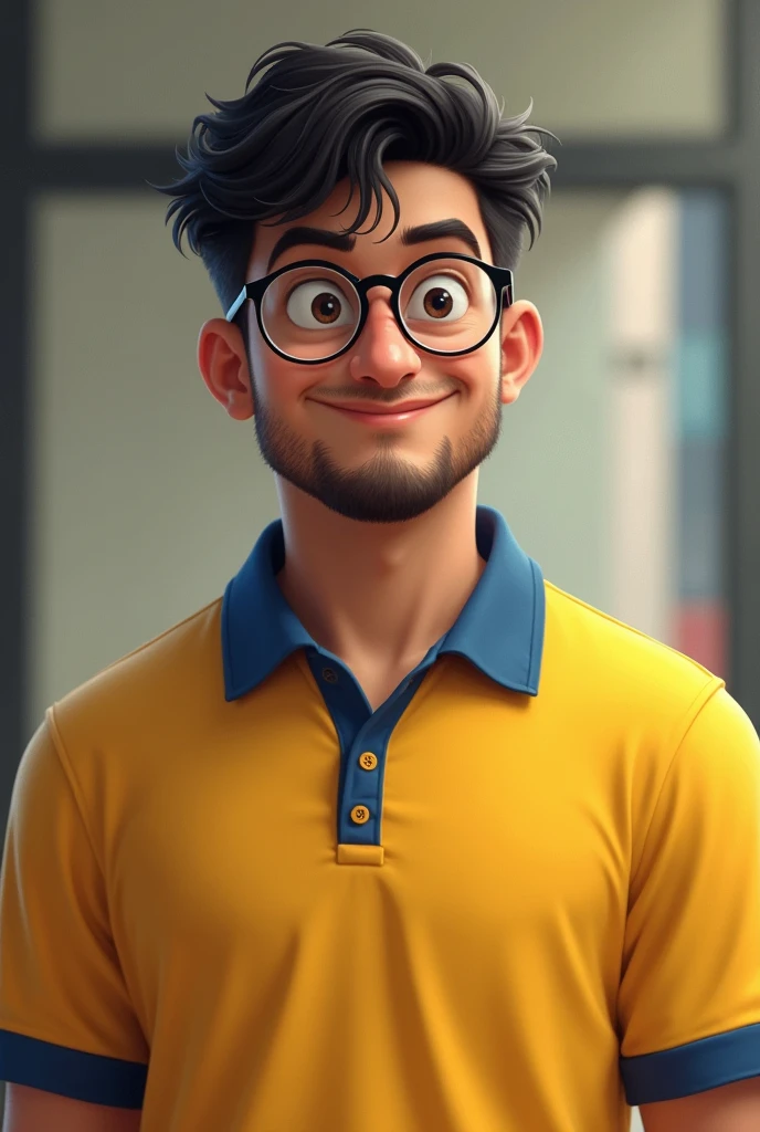-up, a little muscular, naughty man, Youngh, goatee, short black curly hair, square glasses round face yellow polo shirt with blue collar