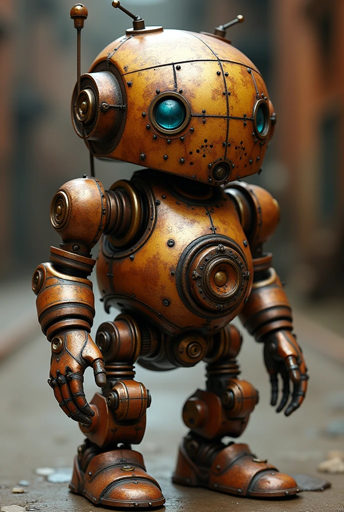 slightly larger than average mechanical dwarf, engineering robot made of copper and brass. a little old. with rust. steampunk style.