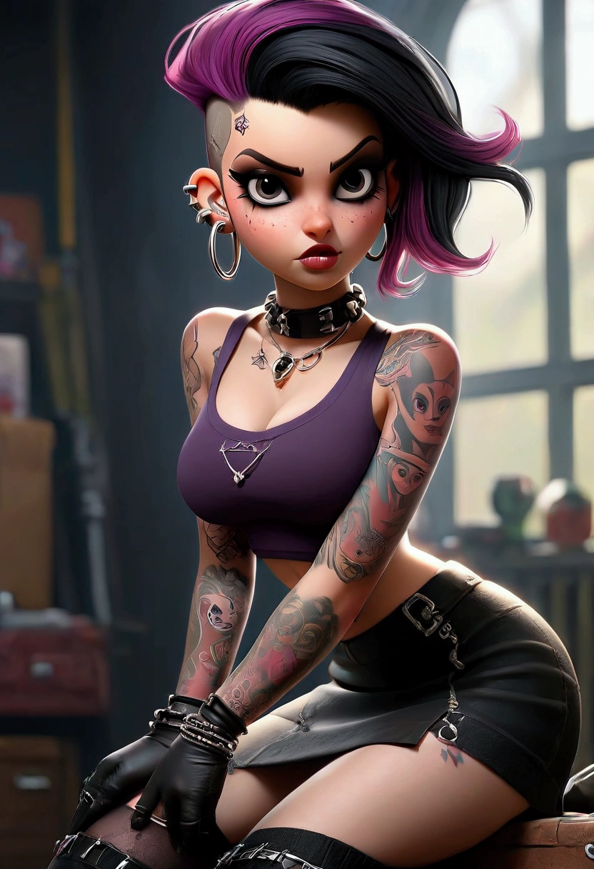 a sexy punk girl with a shaved vulva, nipple piercings, and a visible anus, wearing a mini-skirt, 1girl, detailed face, beautiful detailed eyes, beautiful detailed lips, extremely detailed eyes and face, long eyelashes, shaved vulva, nipple piercings, visible anus, mini skirt, punk style, fishnets, tattoos, dark makeup, dark clothing, grungy, moody lighting, dark shadows, dramatic contrast, photorealistic, 8k, ultra-detailed, hyper-realistic, masterpiece