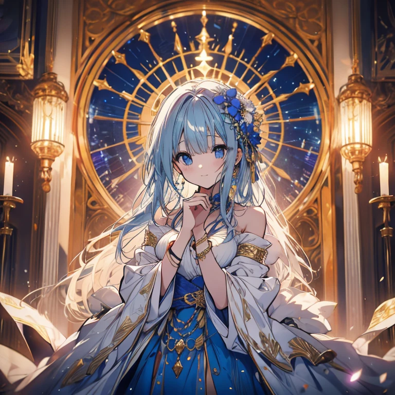 1 person、Mature、Ample breasts、Long Hair、Costume with gold and blue decoration、dress、Shoulder Bare、necklace、bracelet、Jewelry decoration、Like stained glass、High resolution、Highest quality