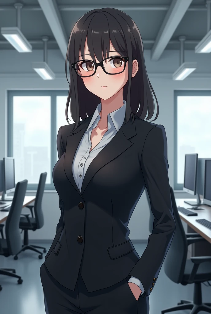 bob cut, white shirt, huge breasts, button gap, black pencil skirt, office, indoors, glasses, <lora:ConceptionPlus2:0.6>