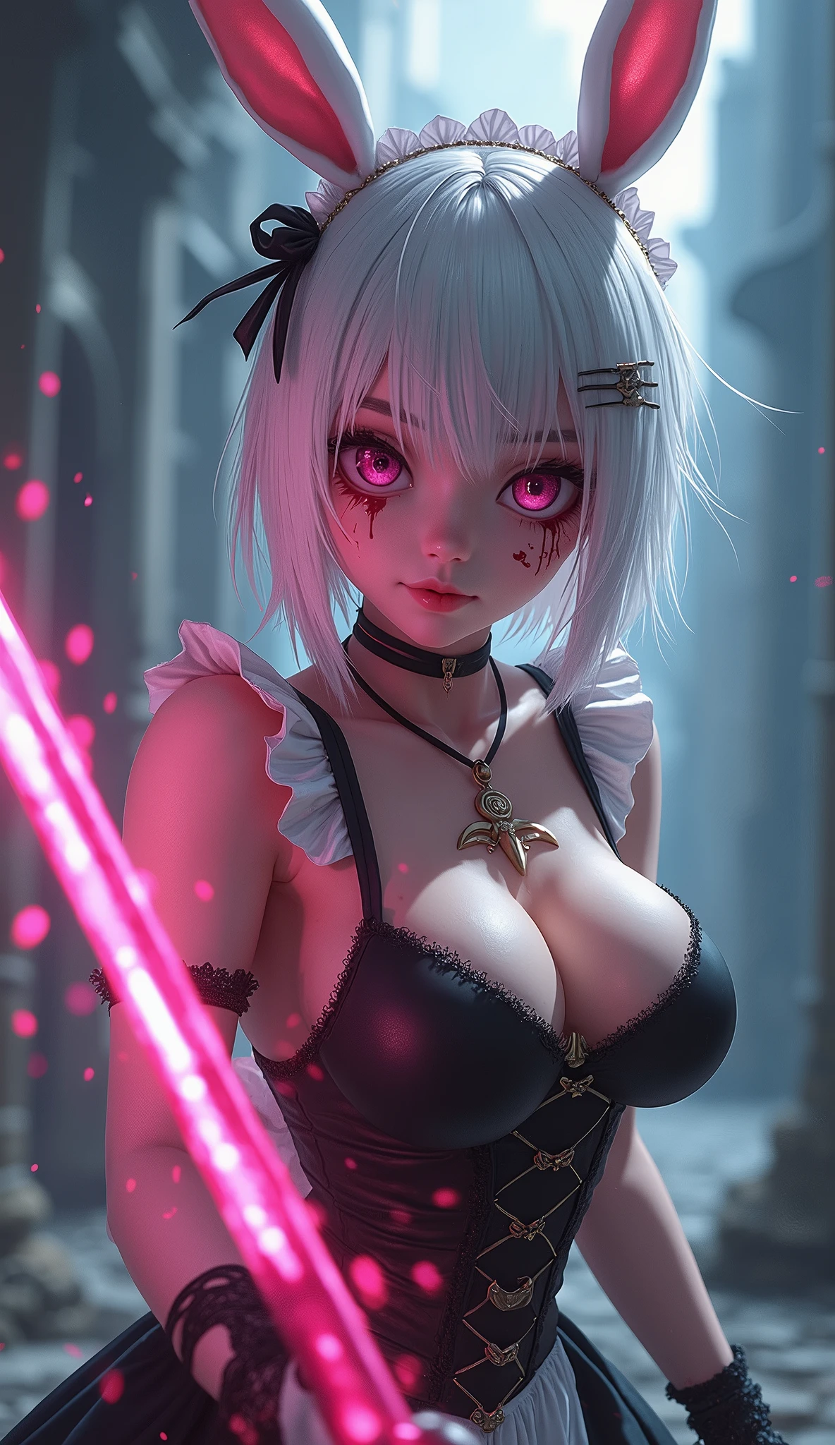 anime girl, white hair, white bunny ears, pink eyes, and pink fighting with a pink sword and angry all covered in blood maid outfit with huge busts, high quality, (RAW photo, best quality), (realistic, photorealistic: 1.4), (extremely delicate and beautiful: 1.4), amazing, fine details, masterpiece, ultra detailed, high resolution, best illustration, best shadow, intricate, ( extremely intricate: 1.2), (exquisitely detailed skin), cinematic light, perfect anatomy, (cool color: 1.4), sharp focus, 8k UHD, DSLR, (Fujifilm XT3),Epic Fantasy Art Style HD, 4K fantasy art, epic fantasy digital art style, epic fantasy art style, Fantasy Woman, epic fantasy art portrait, Epic fantasy style, hyperrealistic fantasy art, hd fantasy art, Epic fantasy character art, epic fantasy art, in style of dark fantasy art, epic fantasy digital art, blood dripping from eyes,